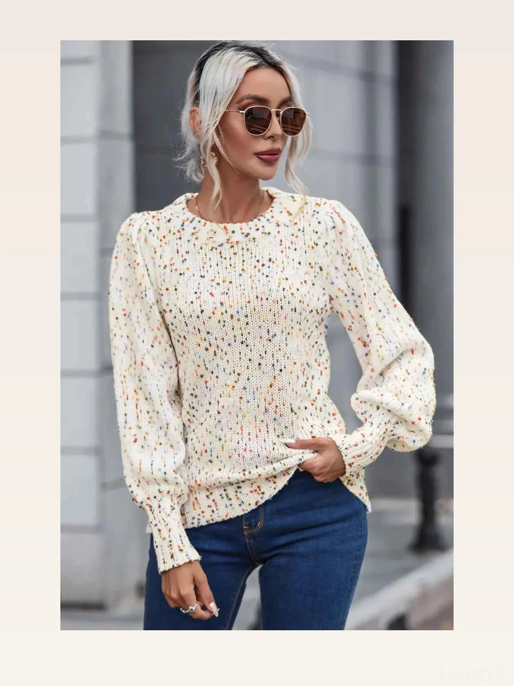Heathered Round Neck Lantern Sleeve Sweater