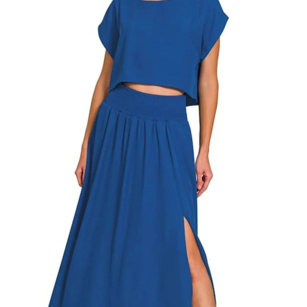 Round Neck Crop Tee and Side Slit Maxi Skirt Set