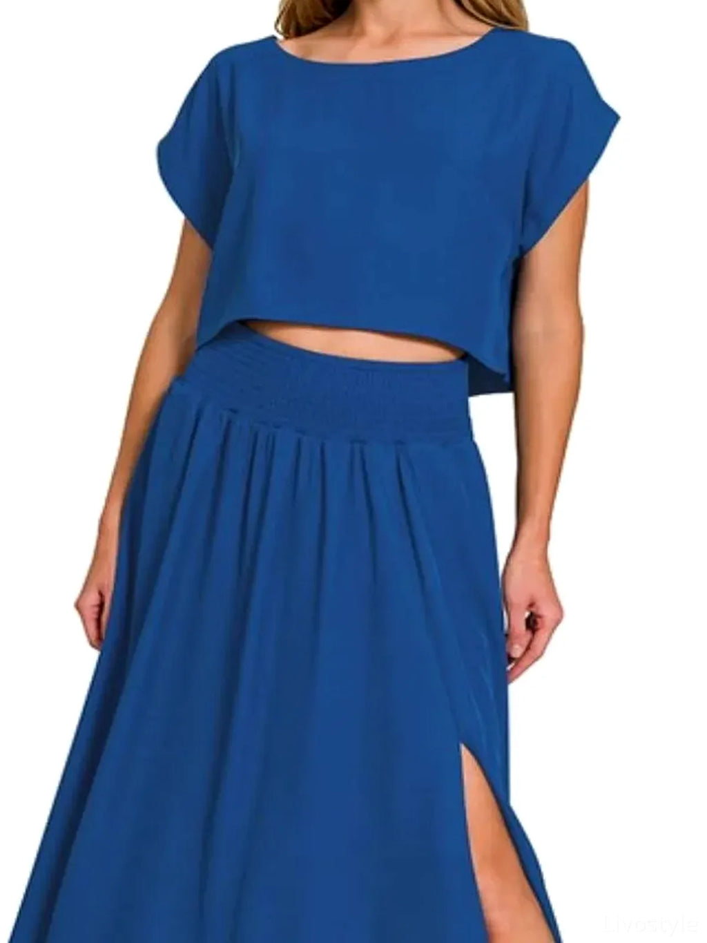 Round Neck Crop Tee and Side Slit Maxi Skirt Set