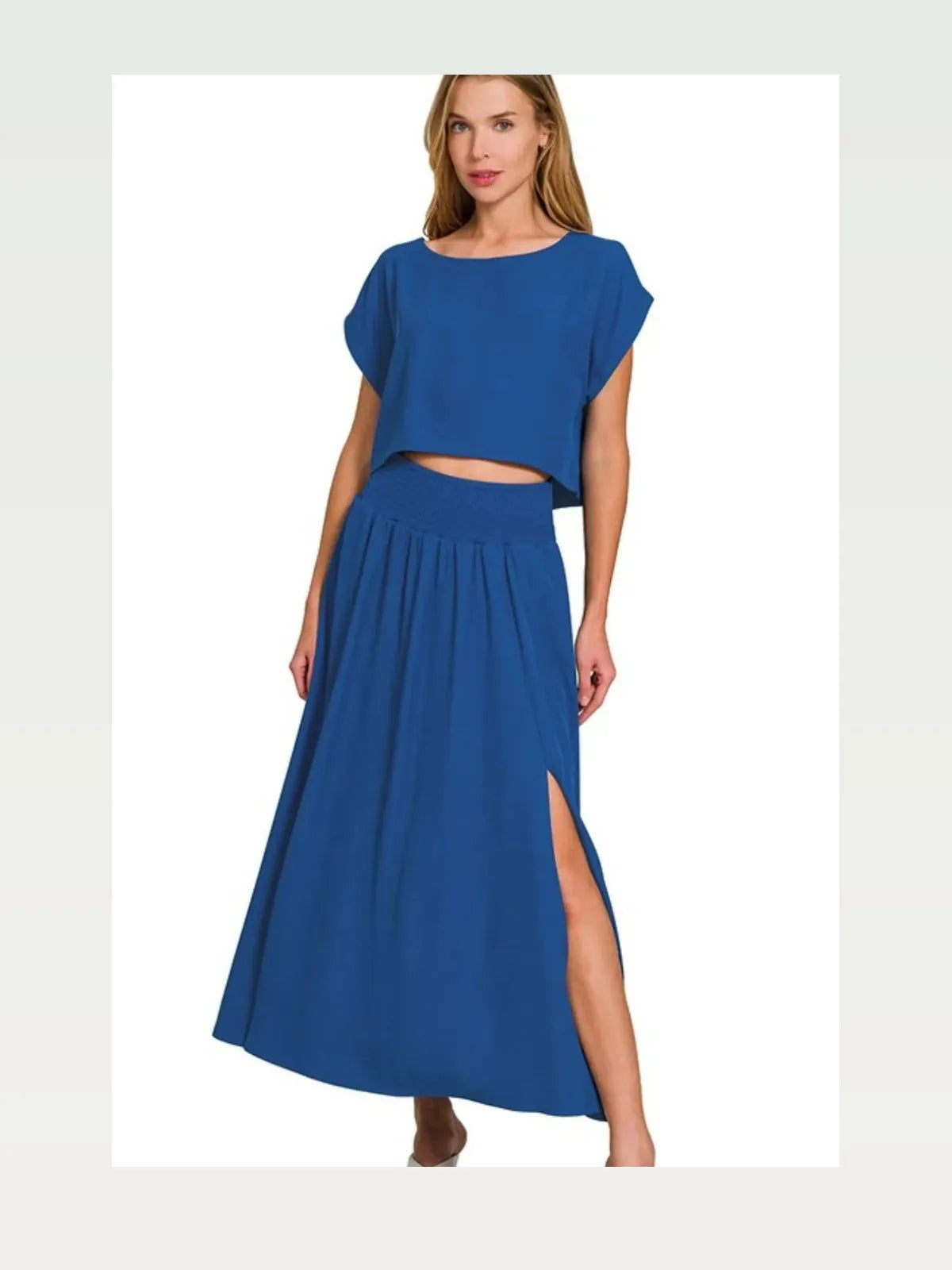 Round Neck Crop Tee and Side Slit Maxi Skirt Set