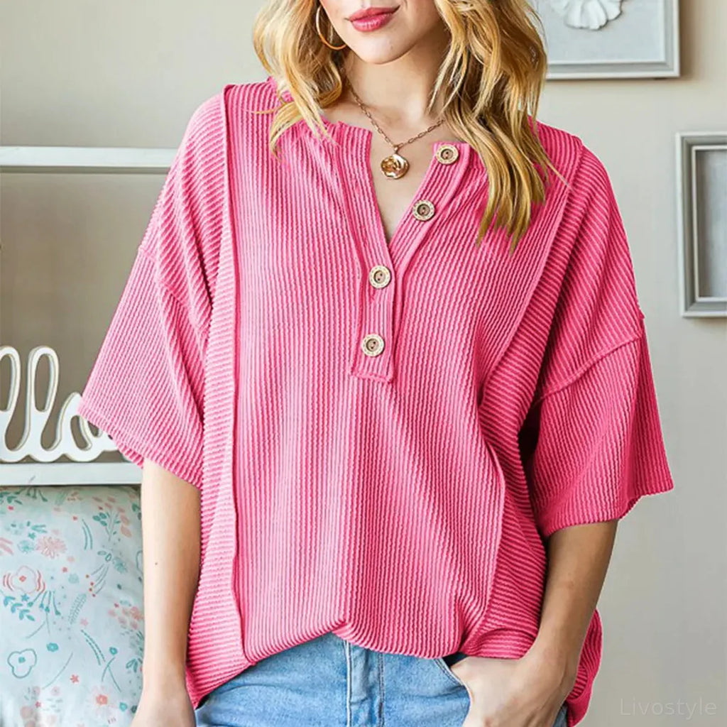 Ribbed Drop Shoulder Top with Half Button Detail