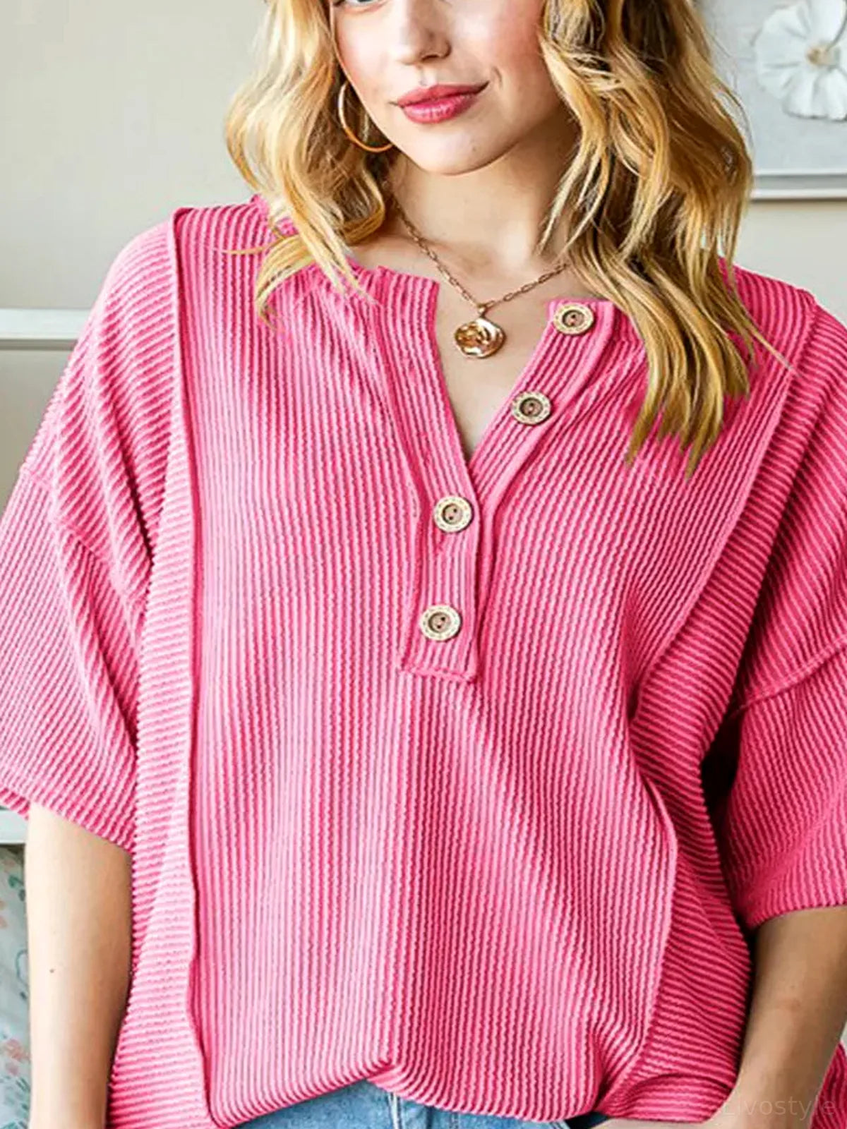 Ribbed Drop Shoulder Top with Half Button Detail