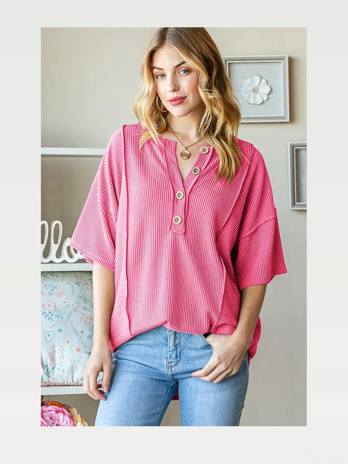 Ribbed Drop Shoulder Top with Half Button Detail