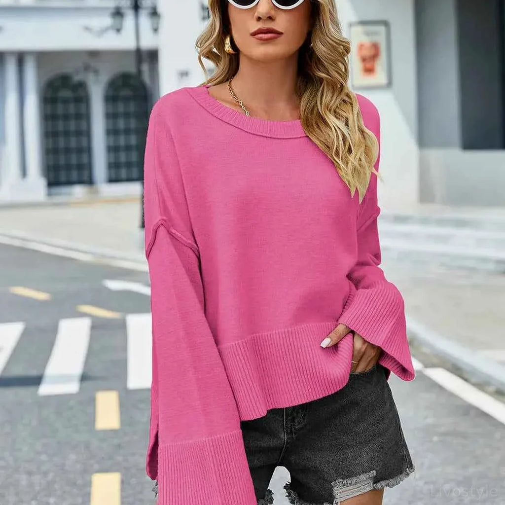 High-Low Slit Round Neck Long Sleeve Sweater