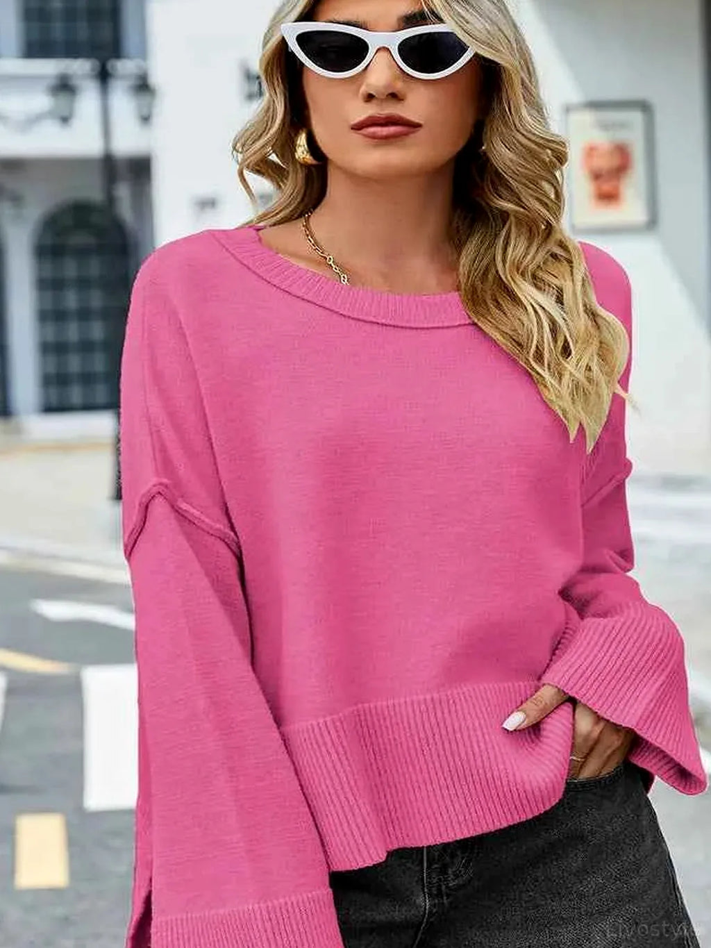 High-Low Slit Round Neck Long Sleeve Sweater