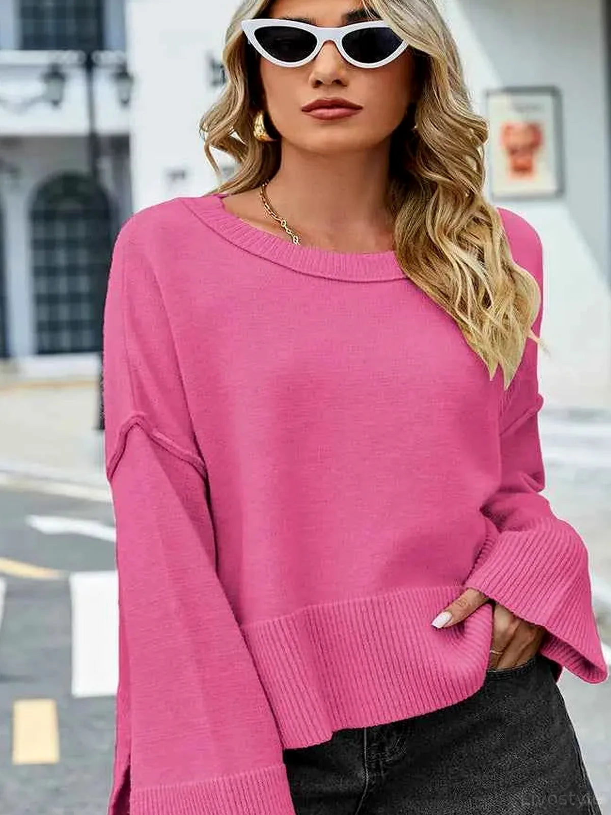 High-Low Slit Round Neck Long Sleeve Sweater