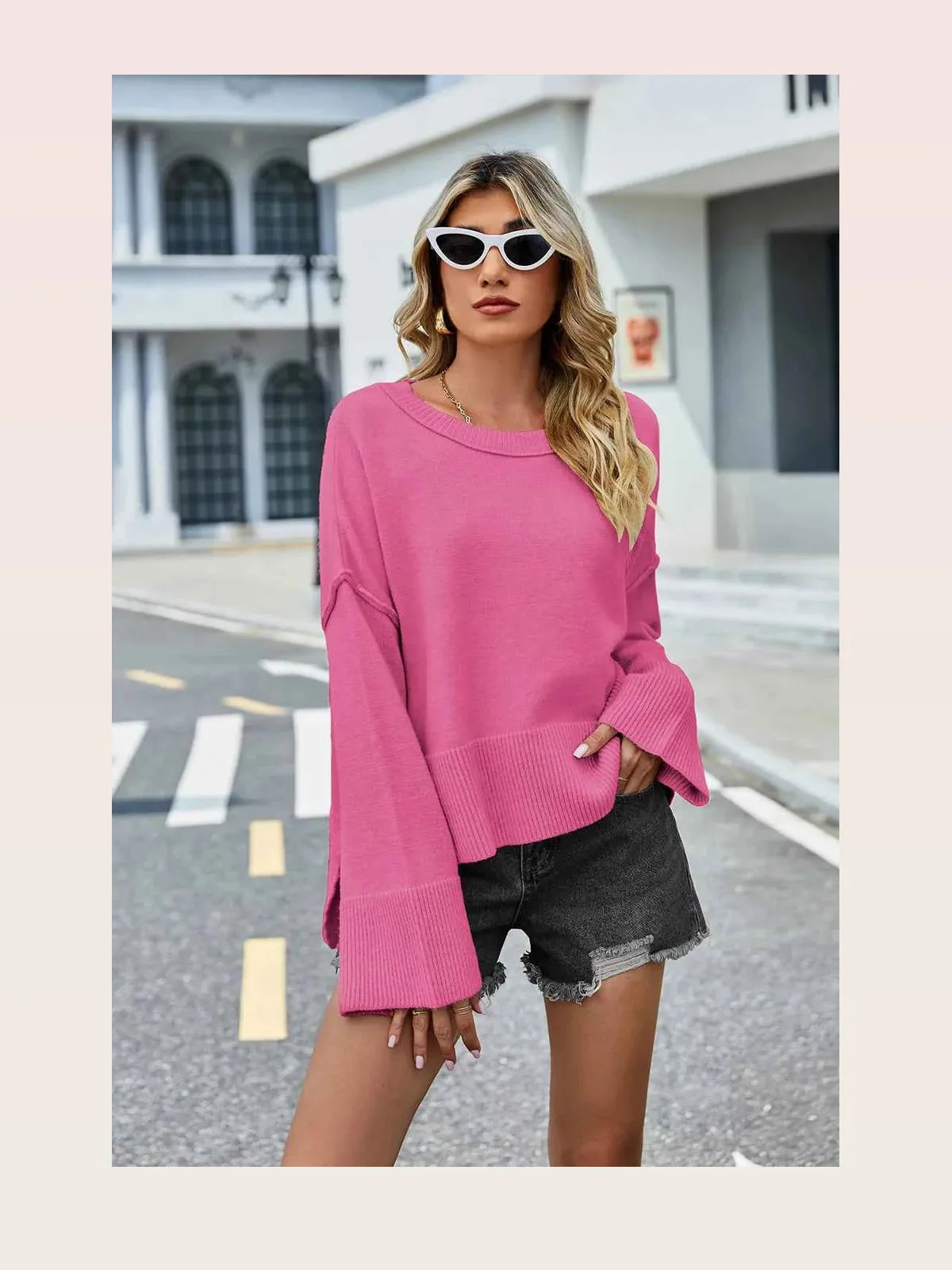 High-Low Slit Round Neck Long Sleeve Sweater
