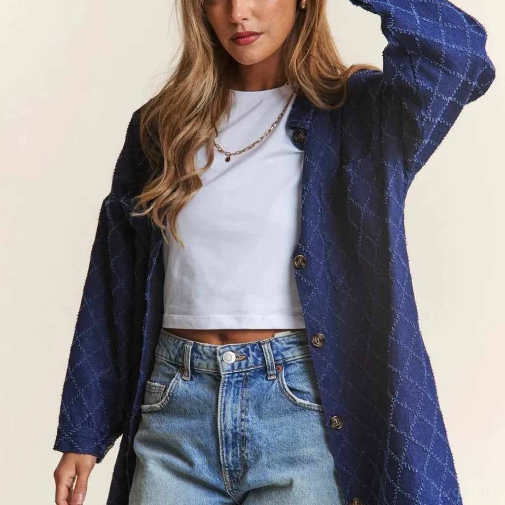 Rhombus Stitched Button Up Denim Shacket