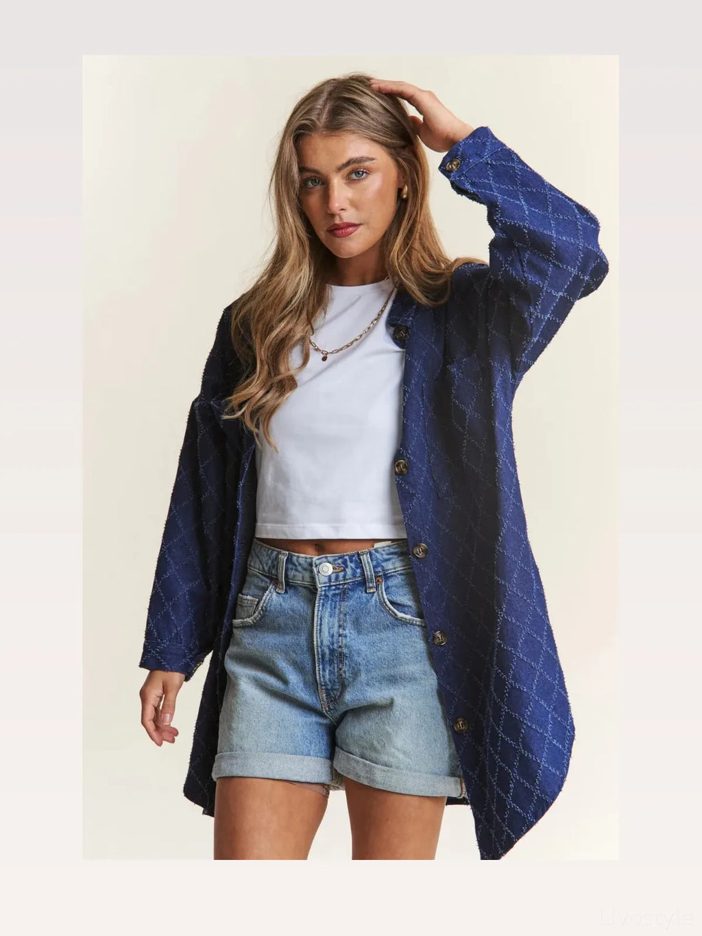 Rhombus Stitched Button Up Denim Shacket