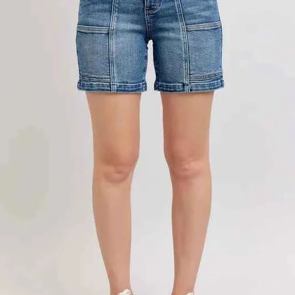 High Rise Denim Shorts with Functional Pockets – Plus Size