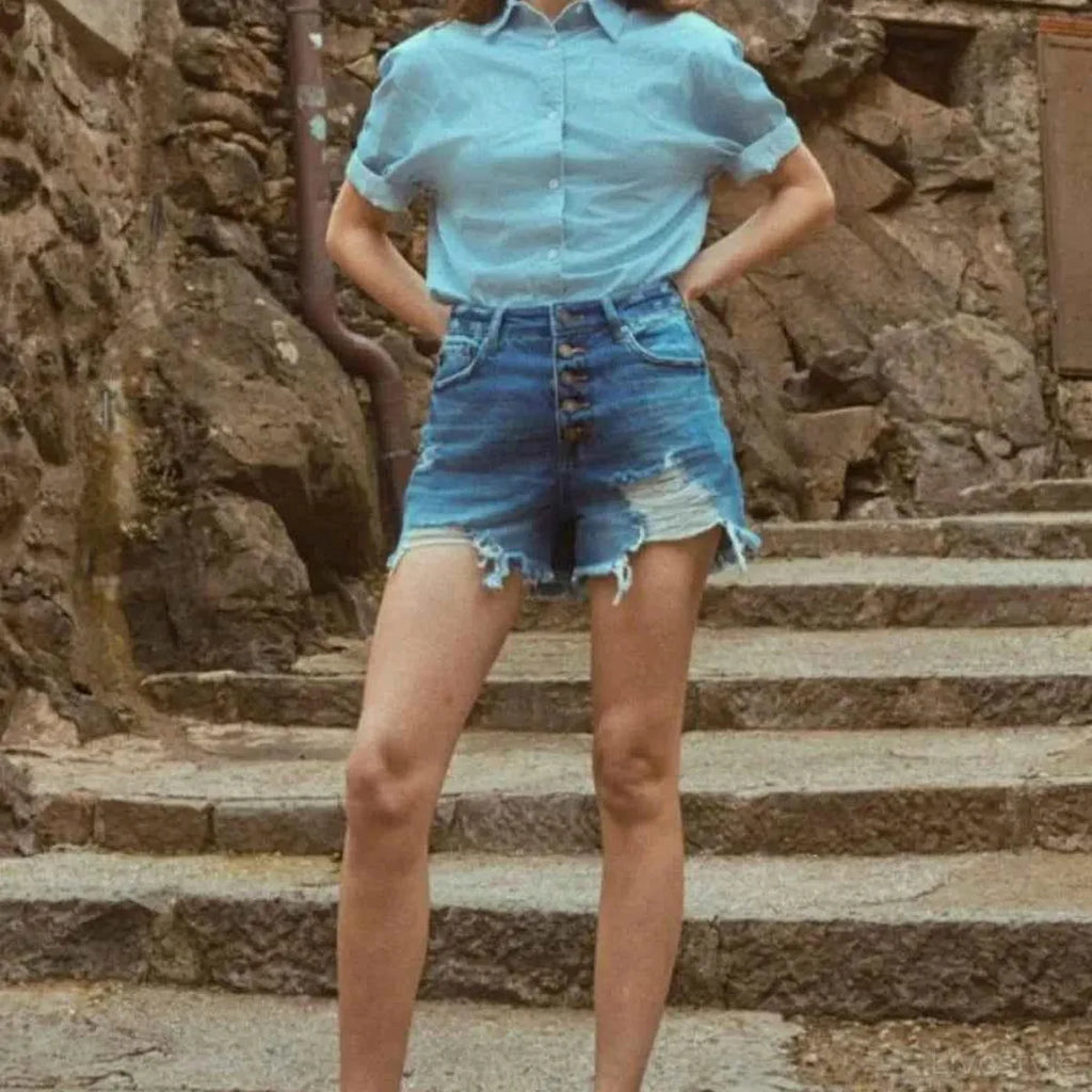 Distressed Button-Fly High Waist Denim Shorts
