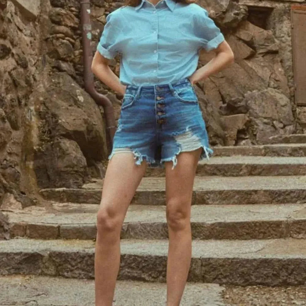 Distressed Button-Fly High Waist Denim Shorts