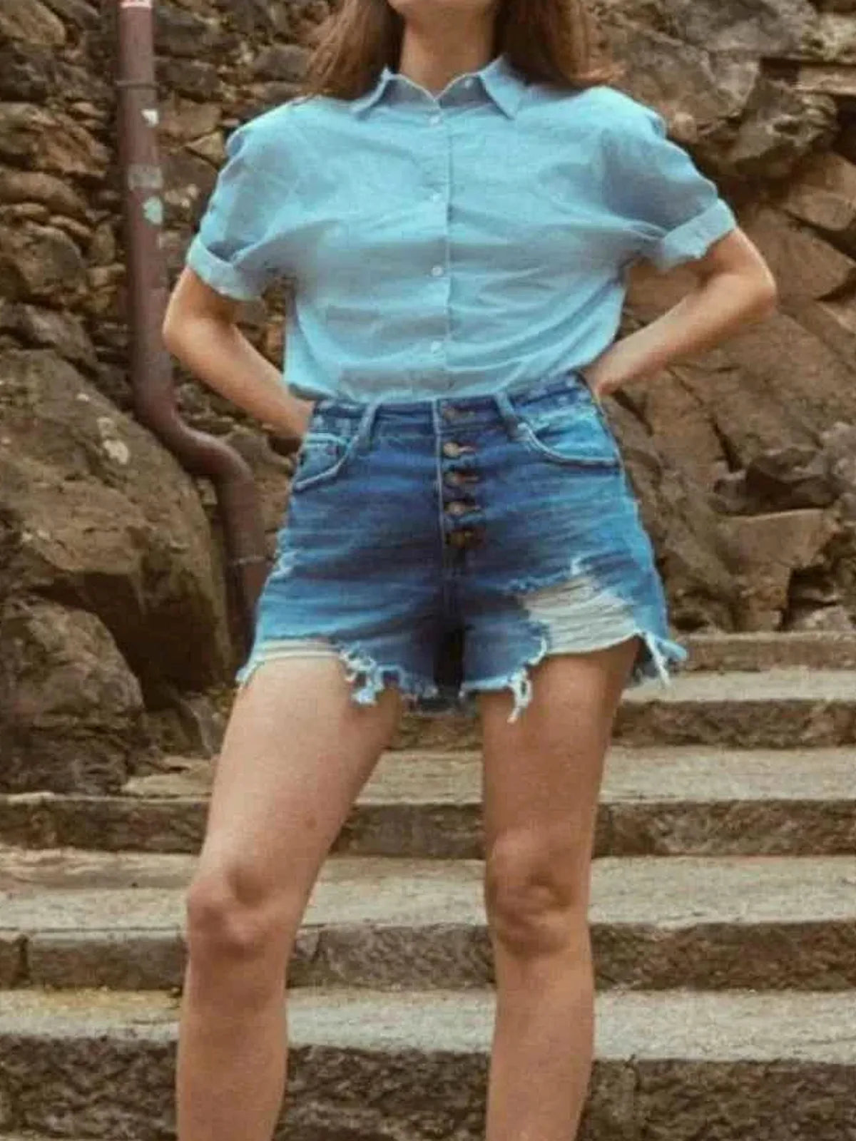 Distressed Button-Fly High Waist Denim Shorts