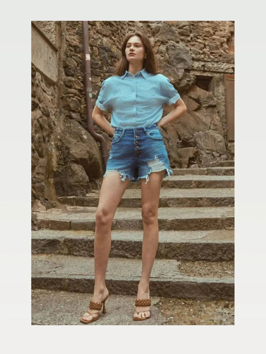 Distressed Button-Fly High Waist Denim Shorts