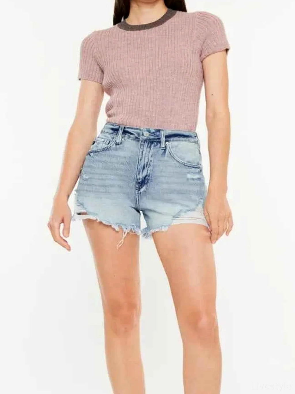 Distressed High Waist Denim Shorts with Pockets