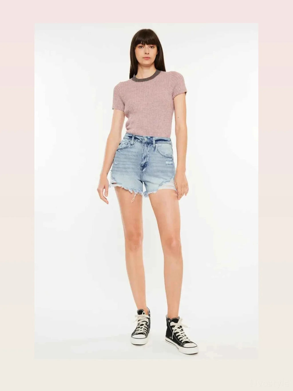 Distressed High Waist Denim Shorts with Pockets