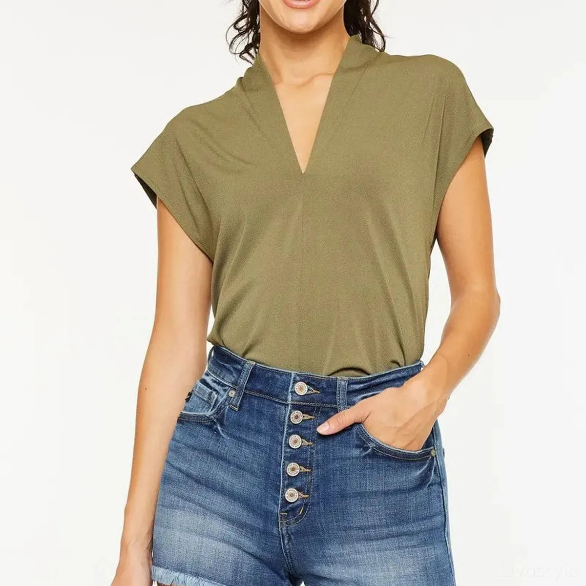 High Rise Frayed Hem Denim Shorts with Button Front