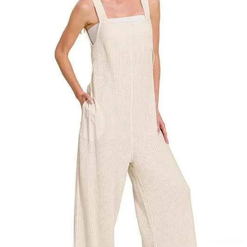 Waffle Knit Wide Leg Overalls with Pockets
