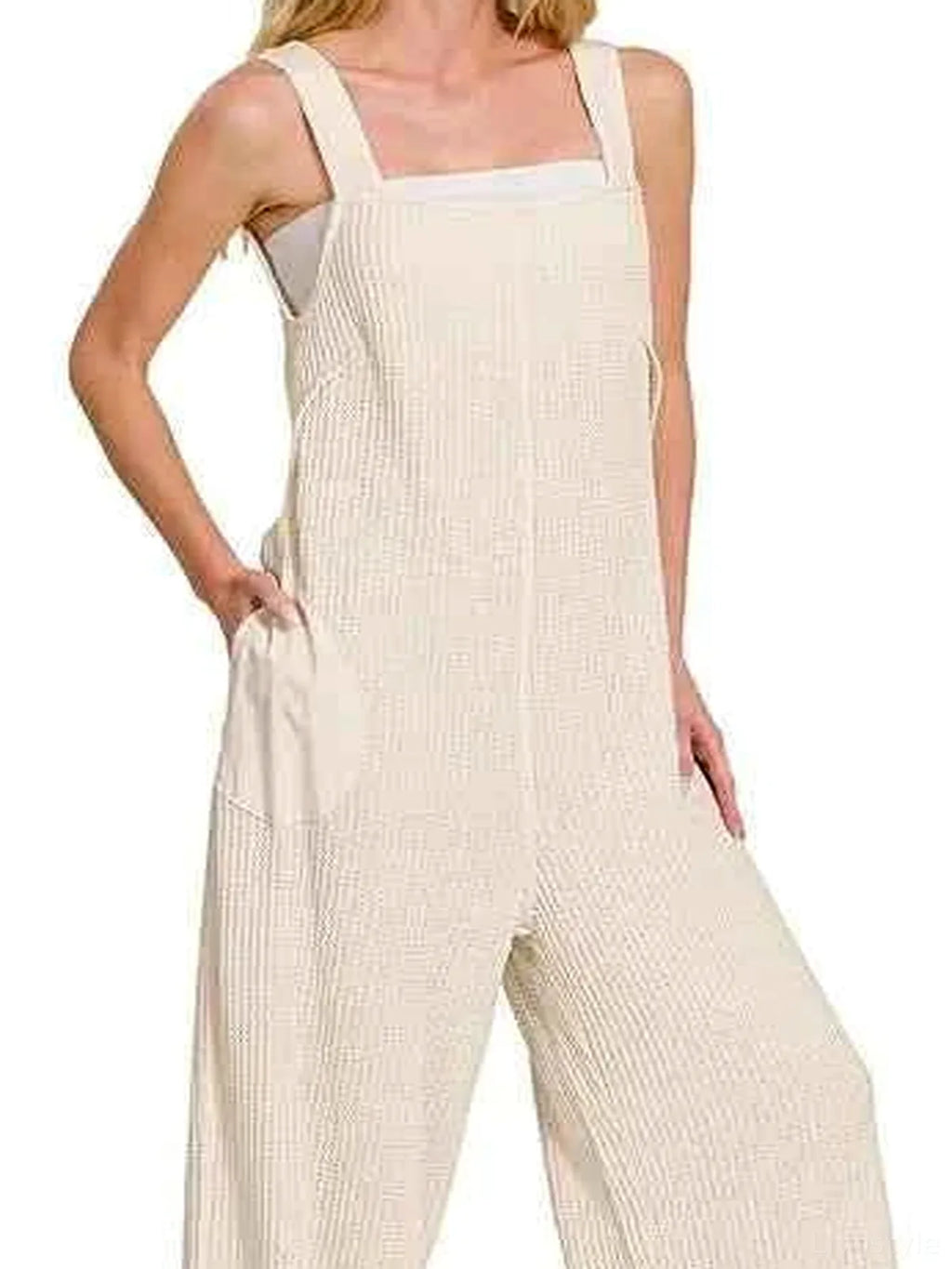 Waffle Knit Wide Leg Overalls with Pockets