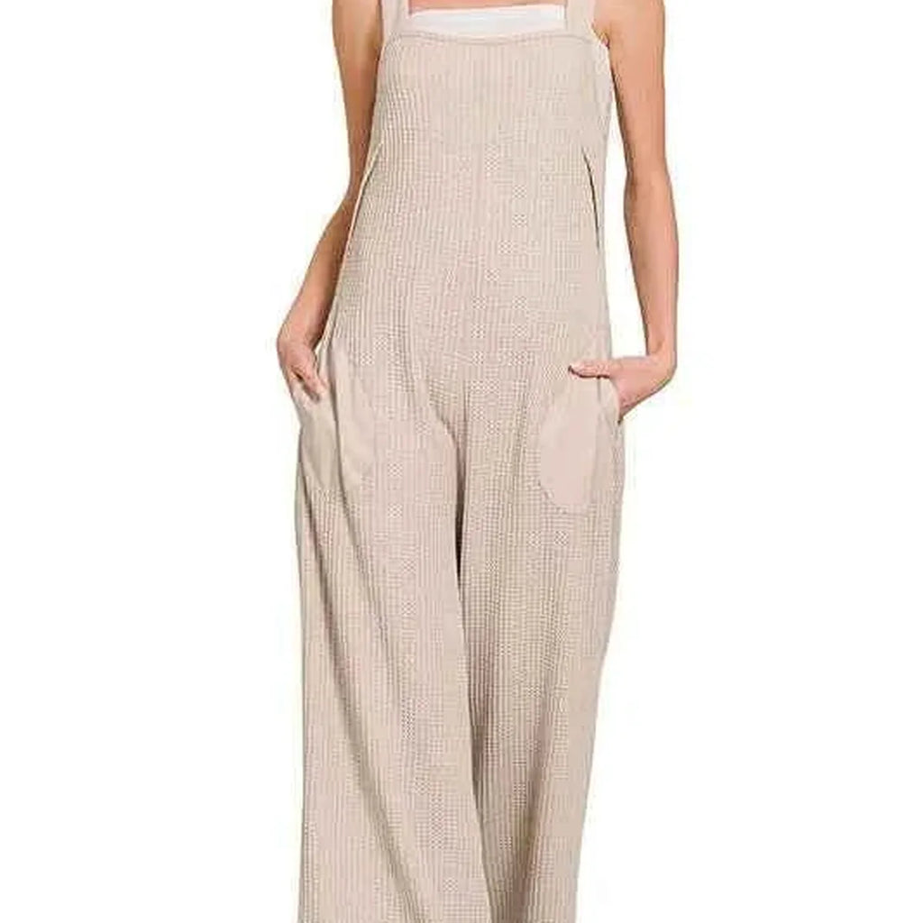 Knit Waffle Wide Leg Overalls with Pockets