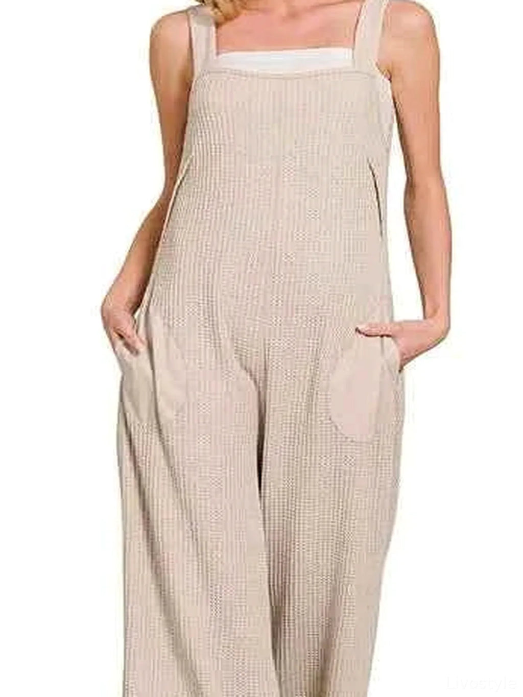 Knit Waffle Wide Leg Overalls with Pockets