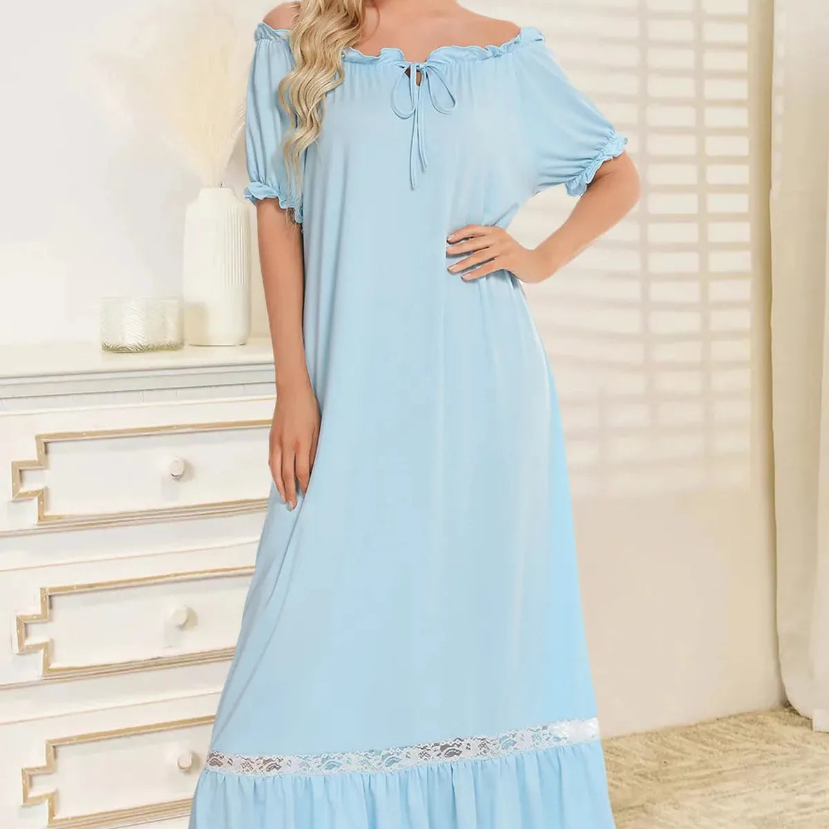 Lace Trim Off-the-Shoulder Short Sleeve Lounge Dress