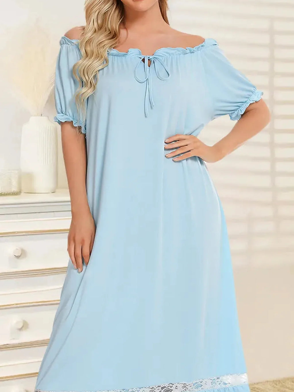 Lace Trim Off-the-Shoulder Short Sleeve Lounge Dress