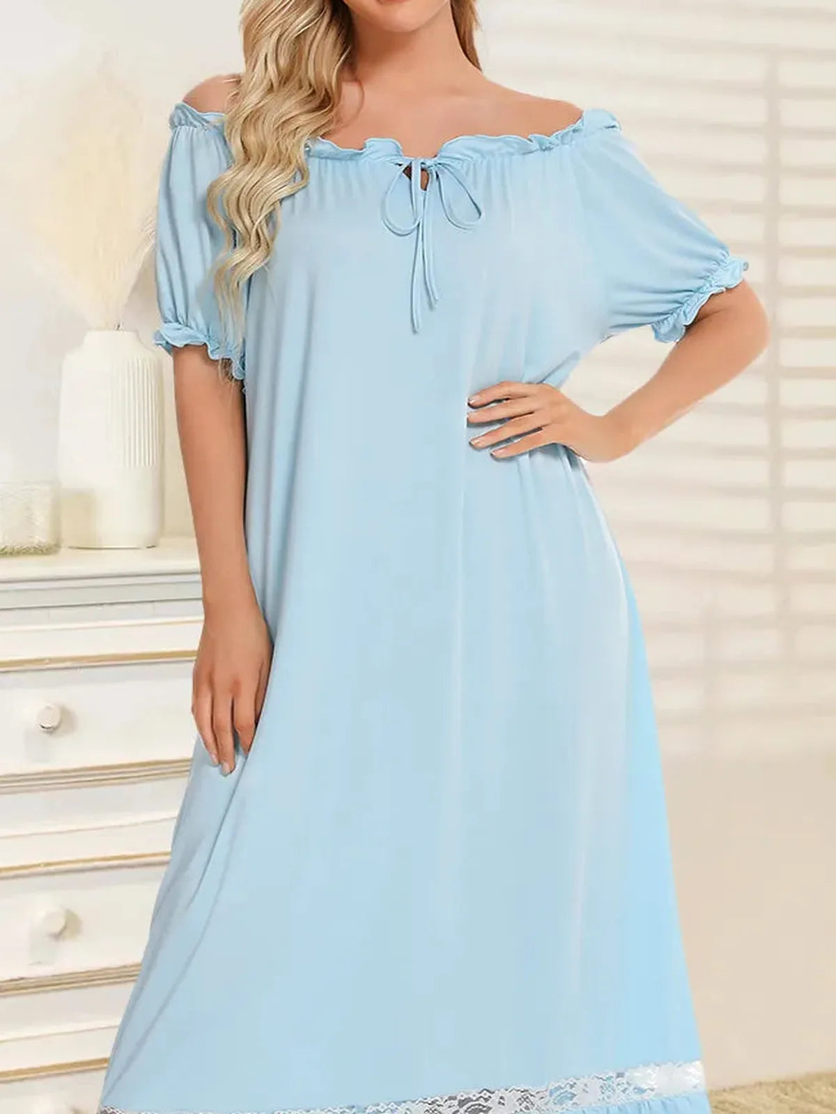 Lace Trim Off-the-Shoulder Short Sleeve Lounge Dress