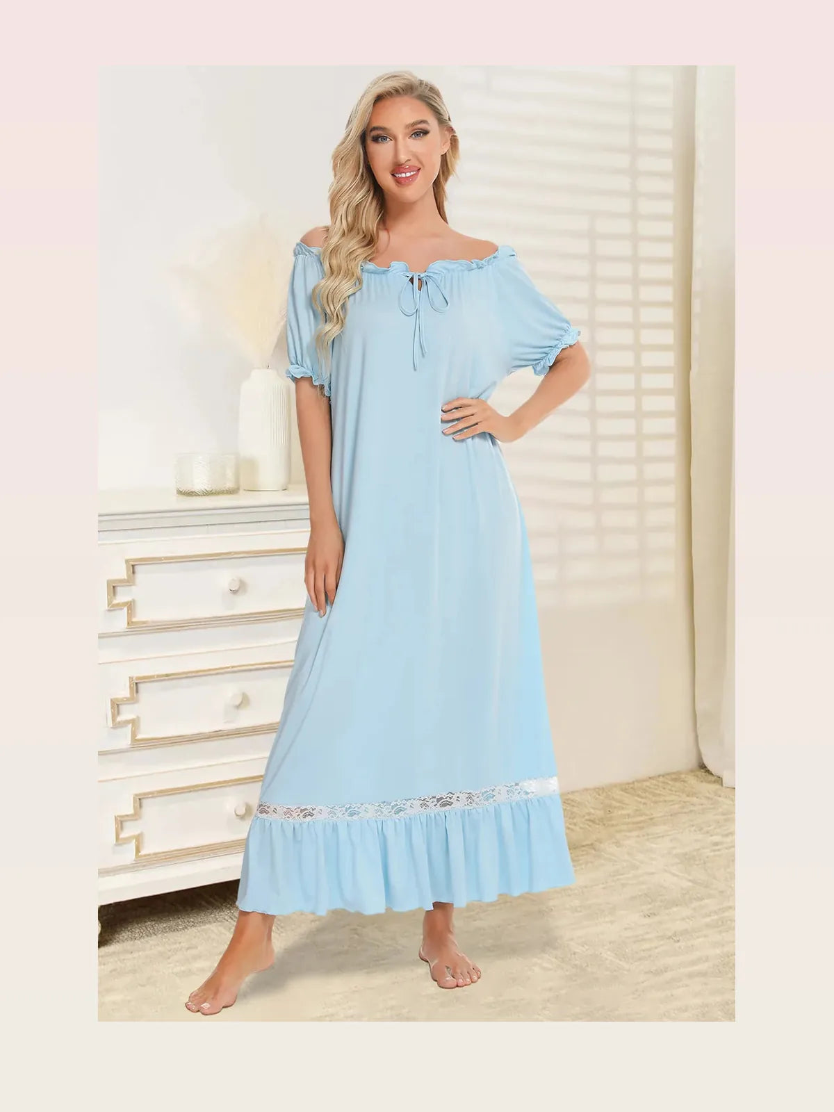 Lace Trim Off-the-Shoulder Short Sleeve Lounge Dress