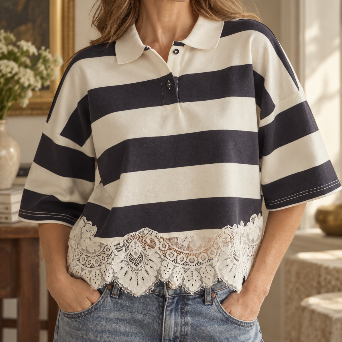 Lace-Trim Striped Polo Pullover
