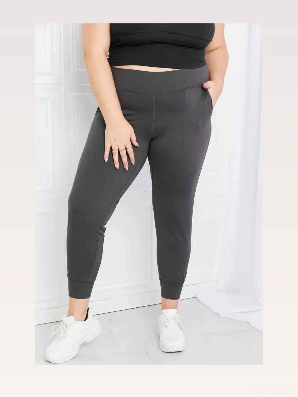 Pocketed High Waist Cuffed Active Pants – Charcoal
