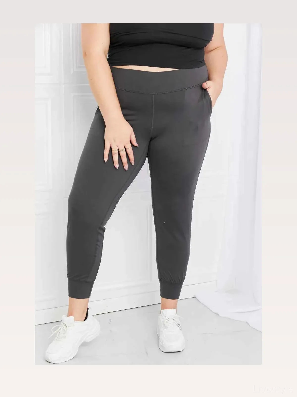 Pocketed High Waist Cuffed Active Pants – Charcoal