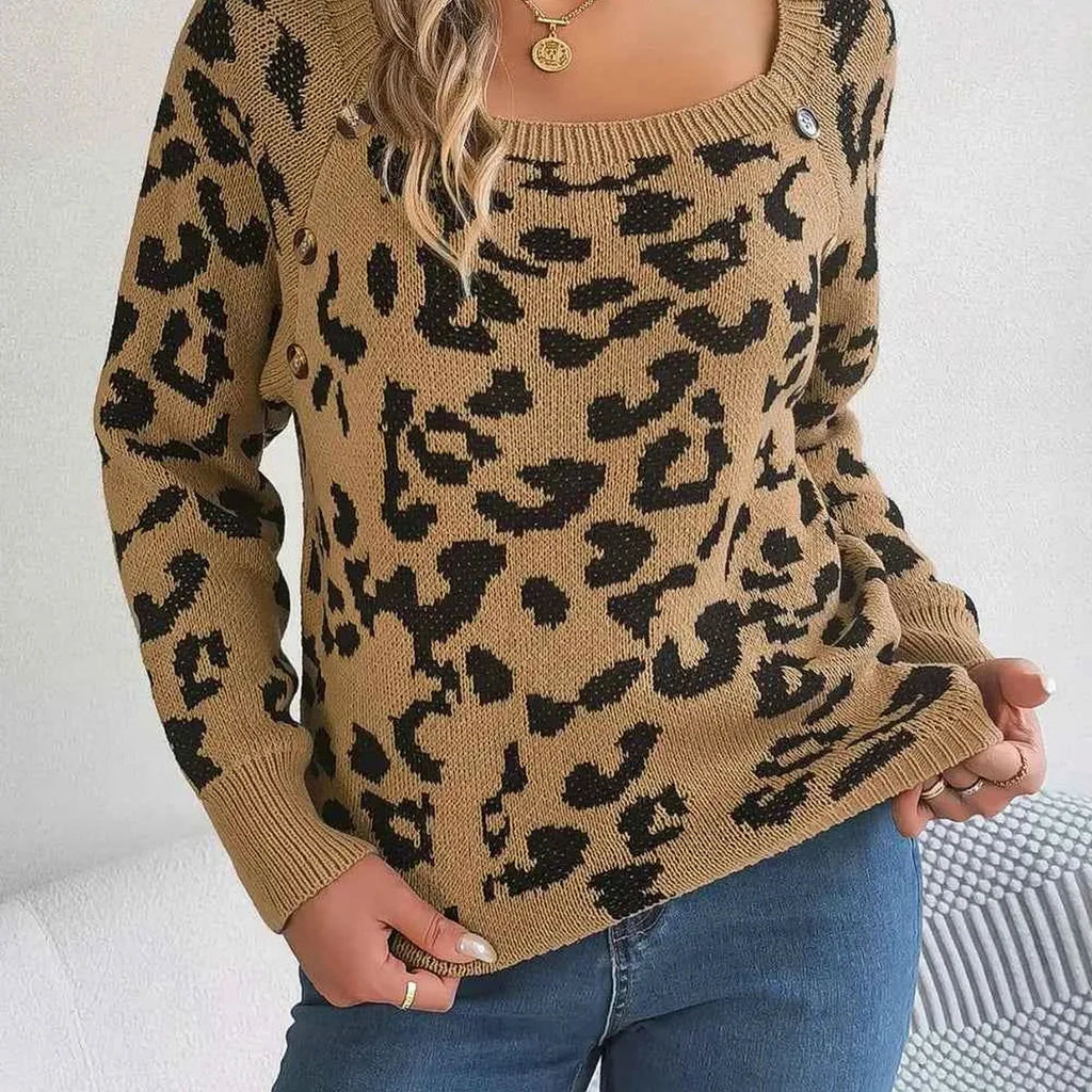 Leopard Print Buttoned Square Neck Sweater