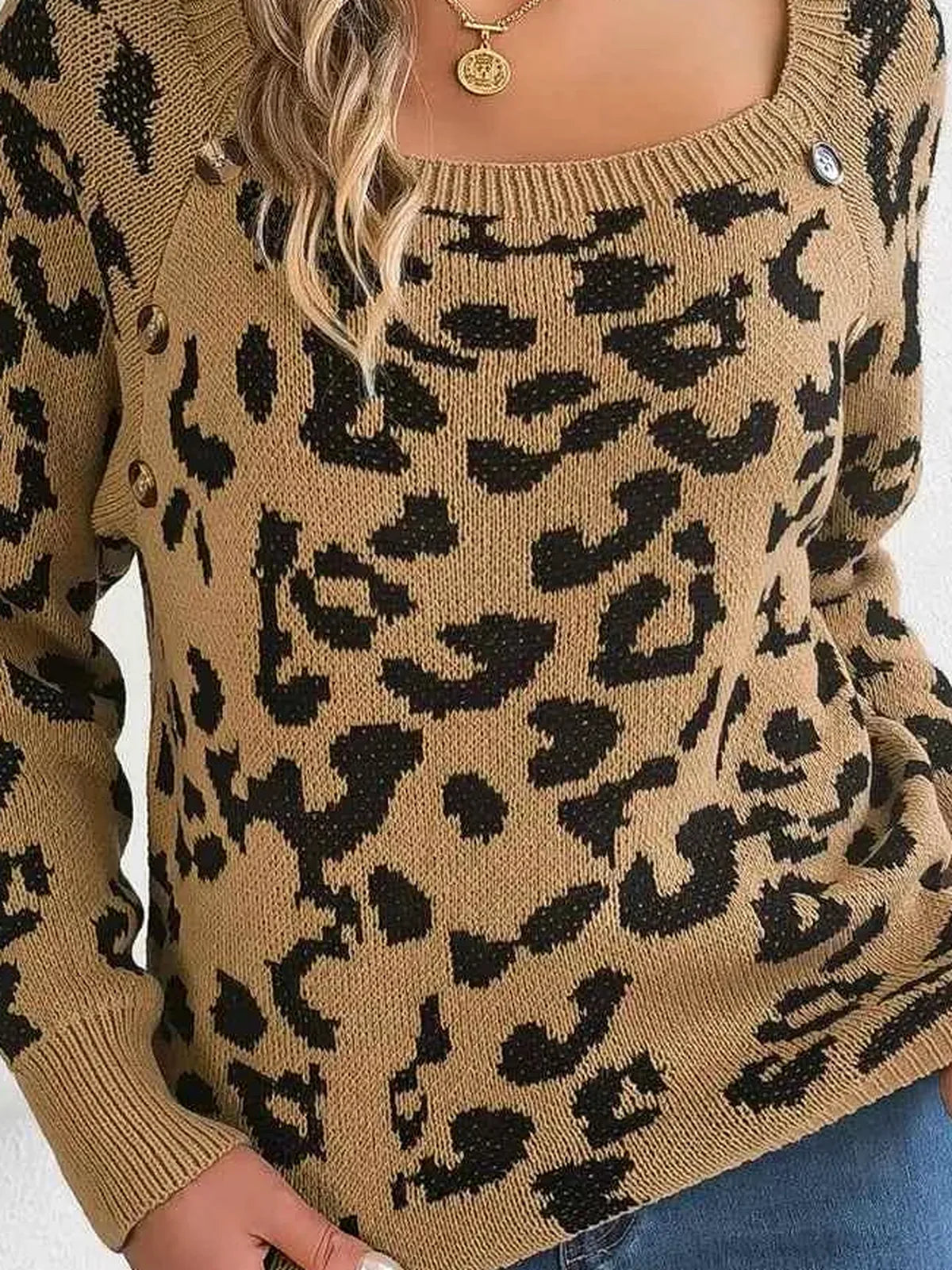 Leopard Print Buttoned Square Neck Sweater