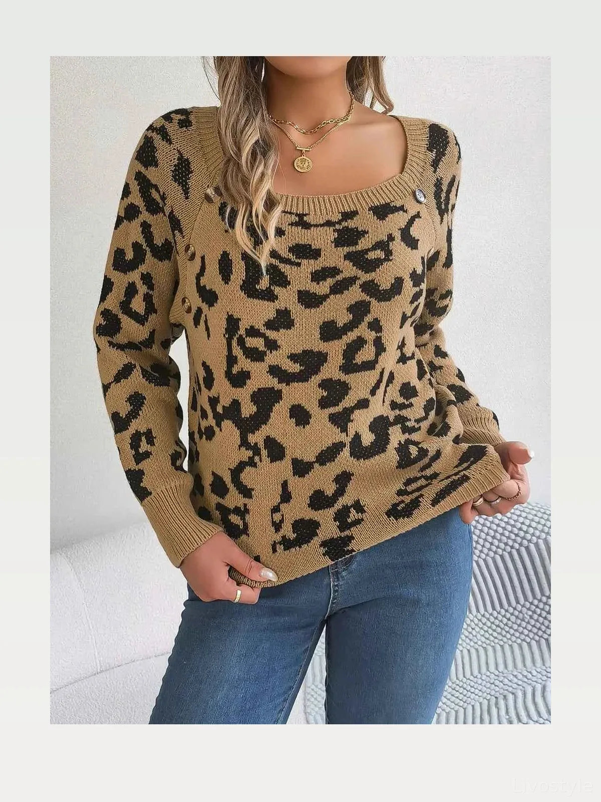 Leopard Print Buttoned Square Neck Sweater