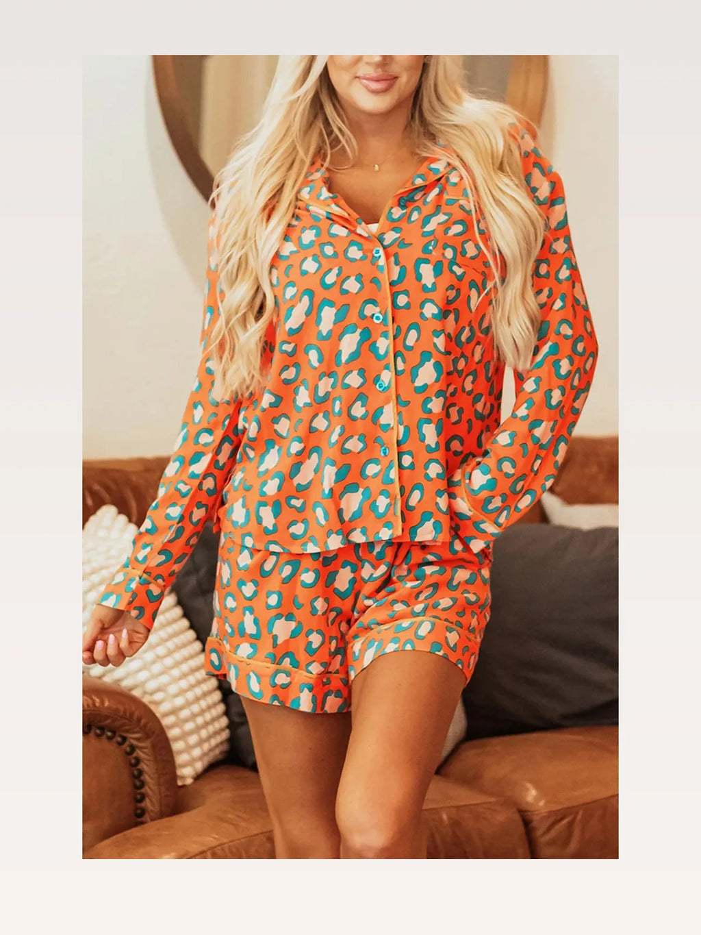 Leopard Print Collared Long Sleeve Top and Shorts Lounge Set