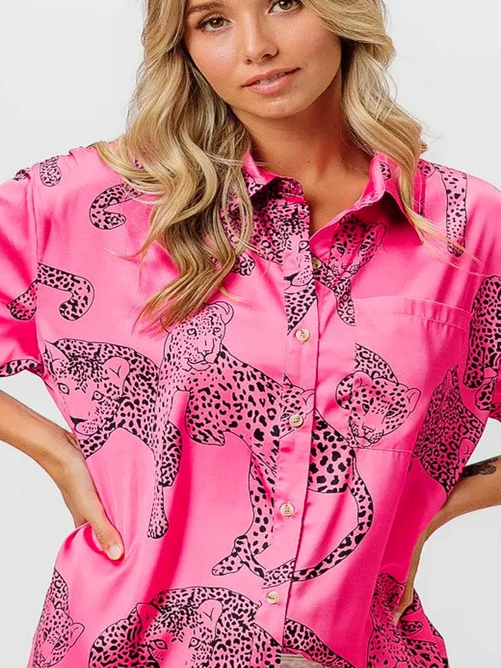 Satin Leopard Print Button-Down Shirt with Short Sleeves