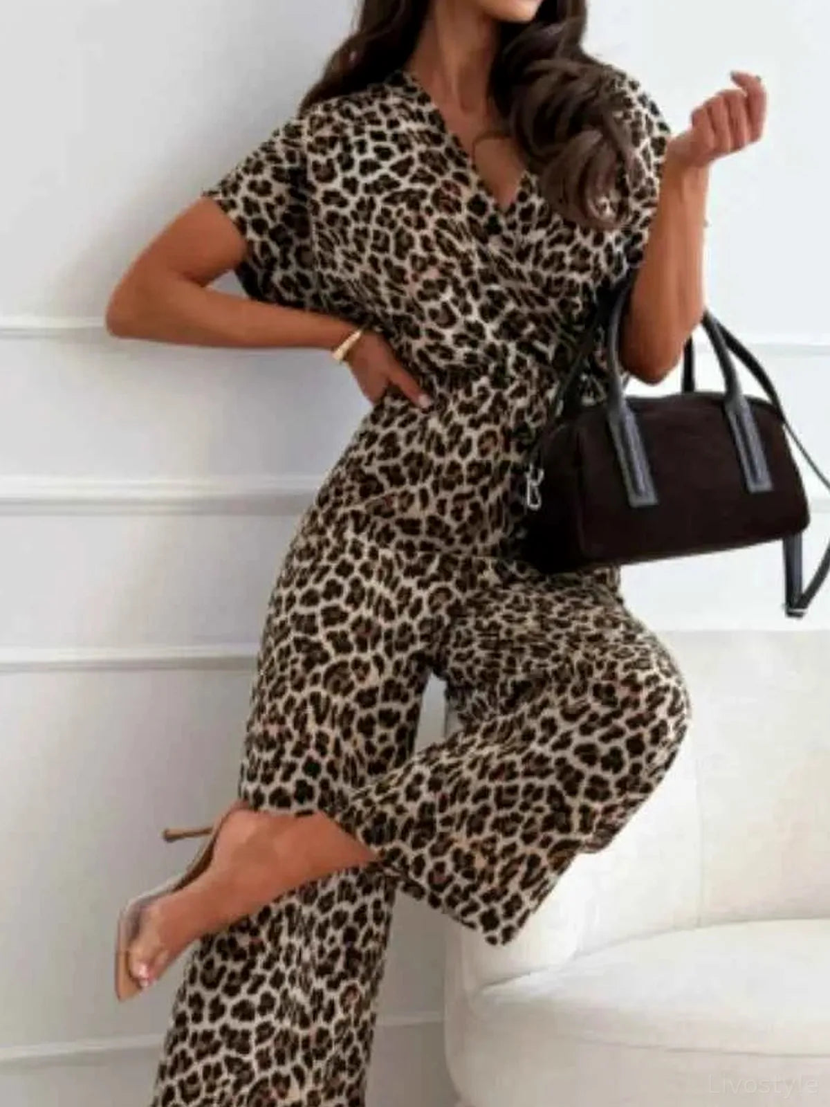 Leopard Print Short Sleeve Wide Leg Jumpsuit