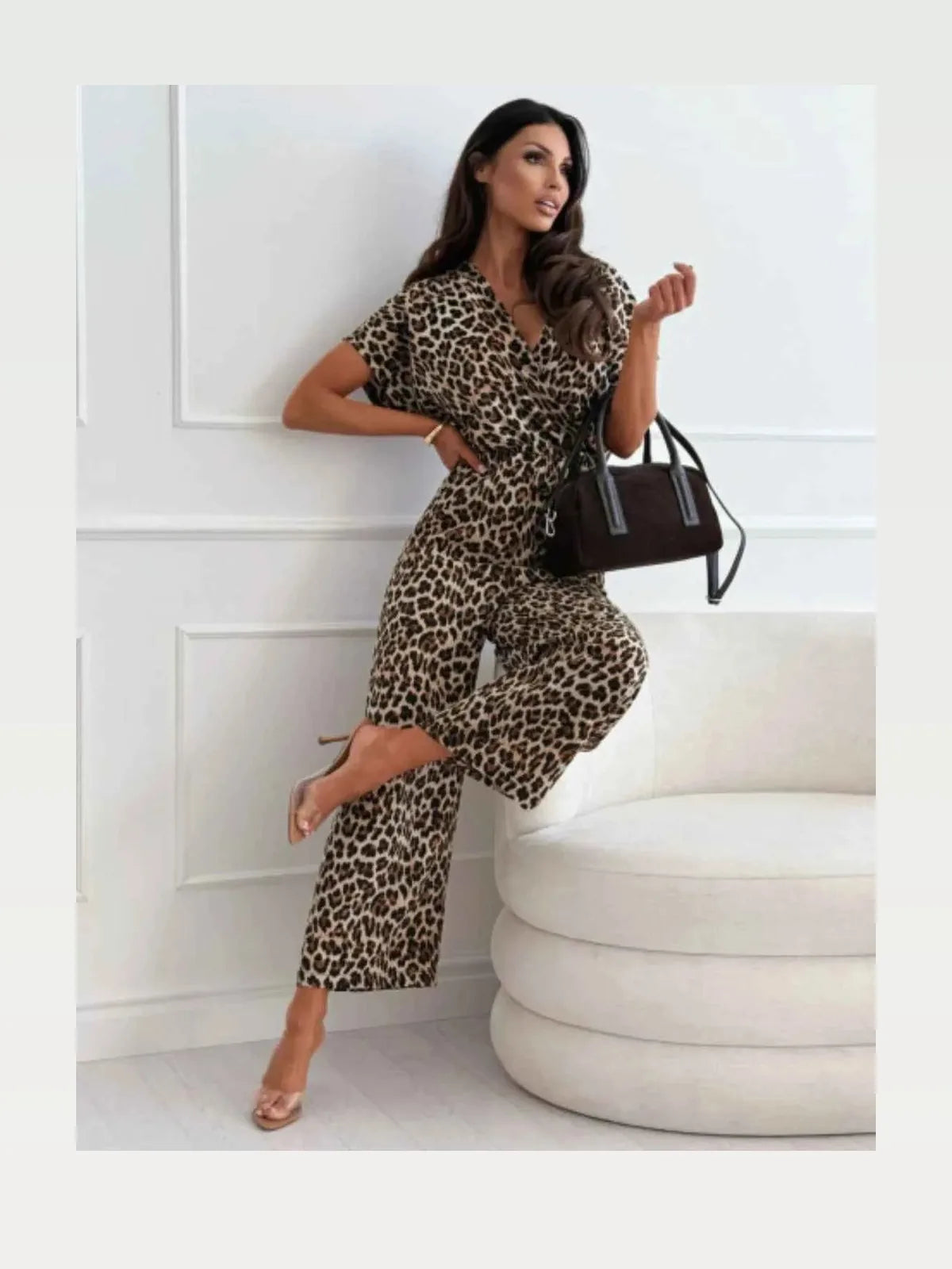 Leopard Print Short Sleeve Wide Leg Jumpsuit