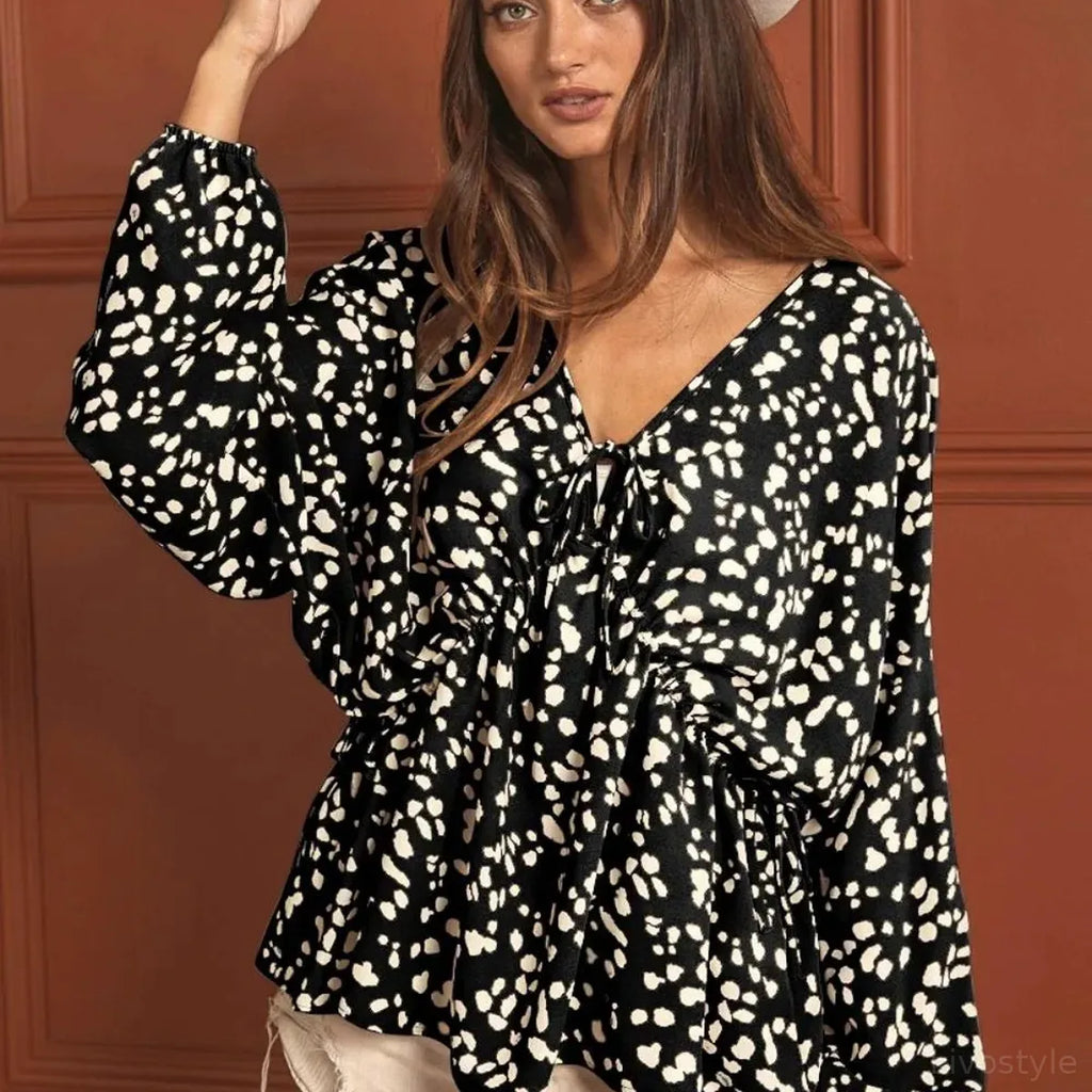 Leopard Print V-Neck Long Sleeve Top with Tie Straps