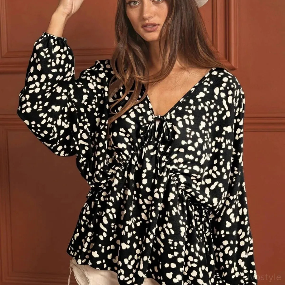 Leopard Print V-Neck Long Sleeve Top with Tie Straps