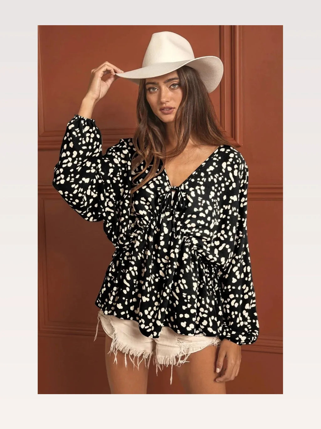 Leopard Print V-Neck Long Sleeve Top with Tie Straps