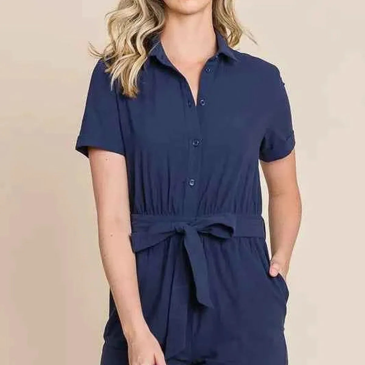 Collared Button-Down Cotton Romper with Tie Belt