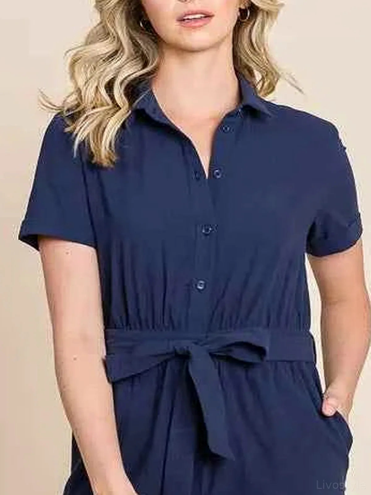 Collared Button-Down Cotton Romper with Tie Belt