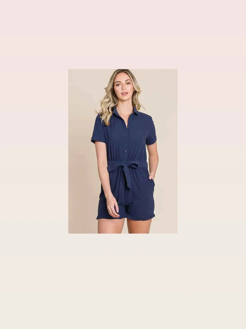 Collared Button-Down Cotton Romper with Tie Belt