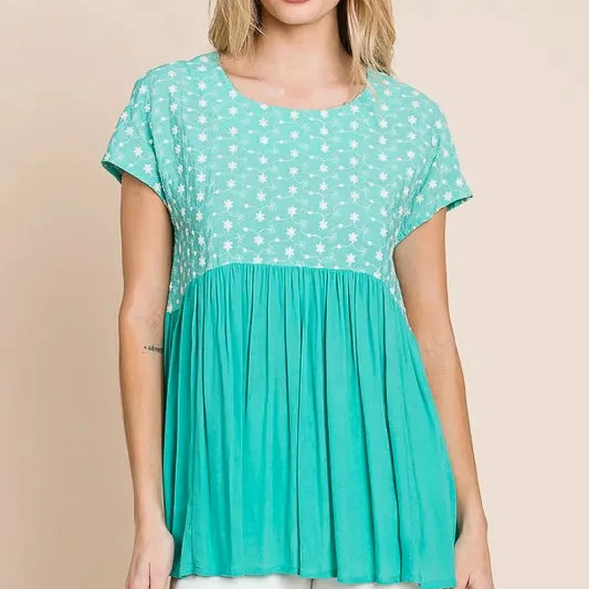 Embroidered Short Sleeve Pleated Babydoll Top