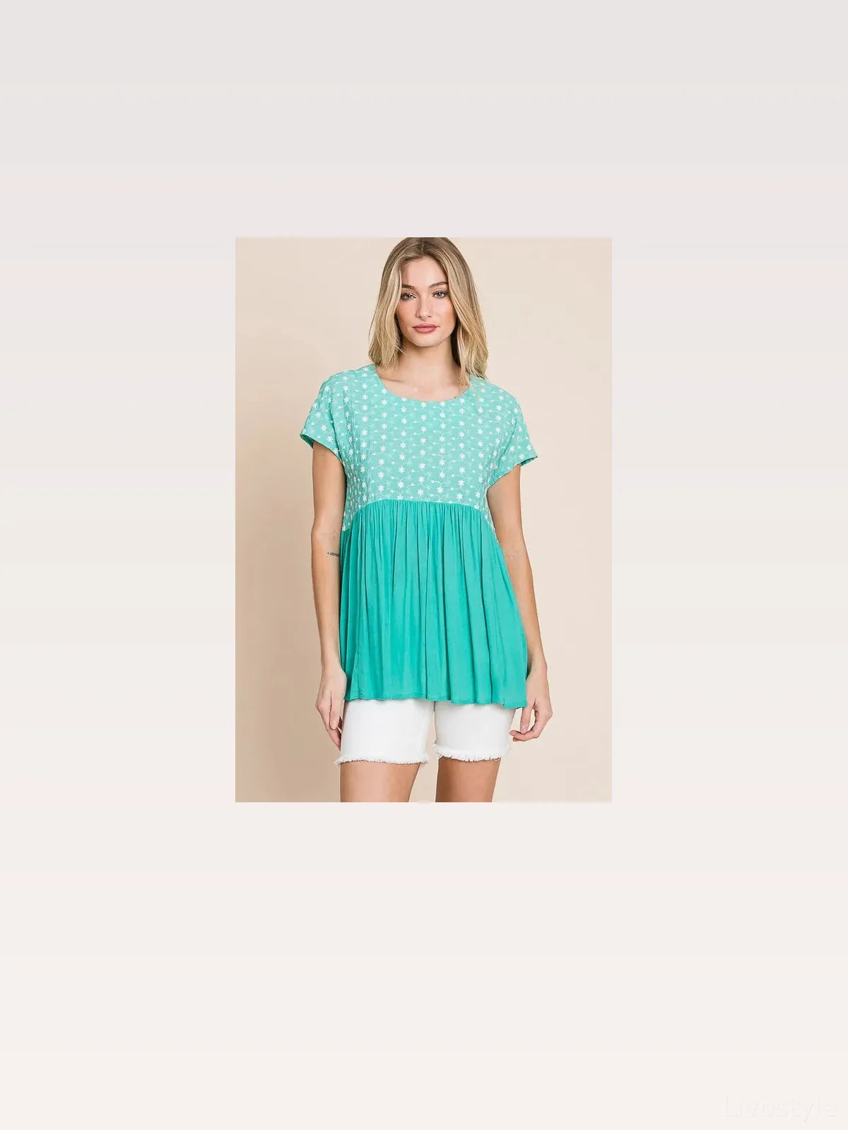 Embroidered Short Sleeve Pleated Babydoll Top
