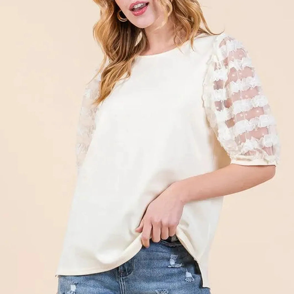 Lace Puff Sleeve Round Neck Top – Plus Size Available