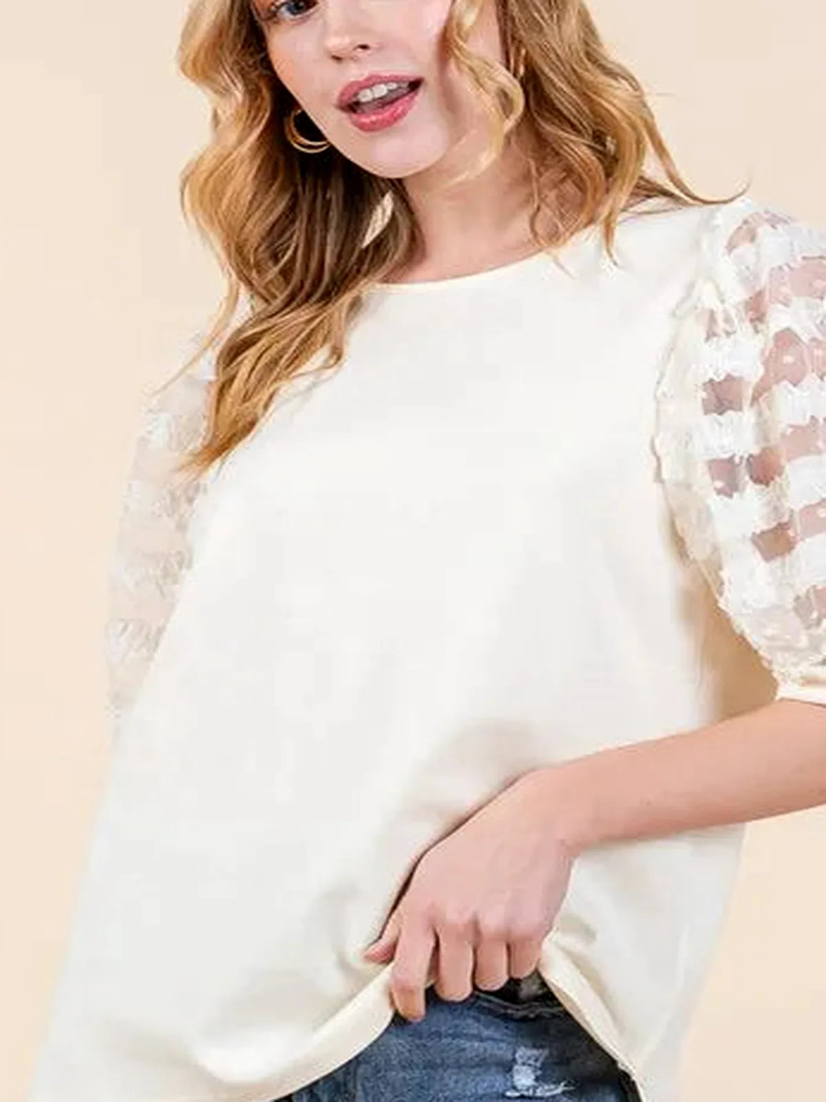 Lace Puff Sleeve Round Neck Top – Plus Size Available