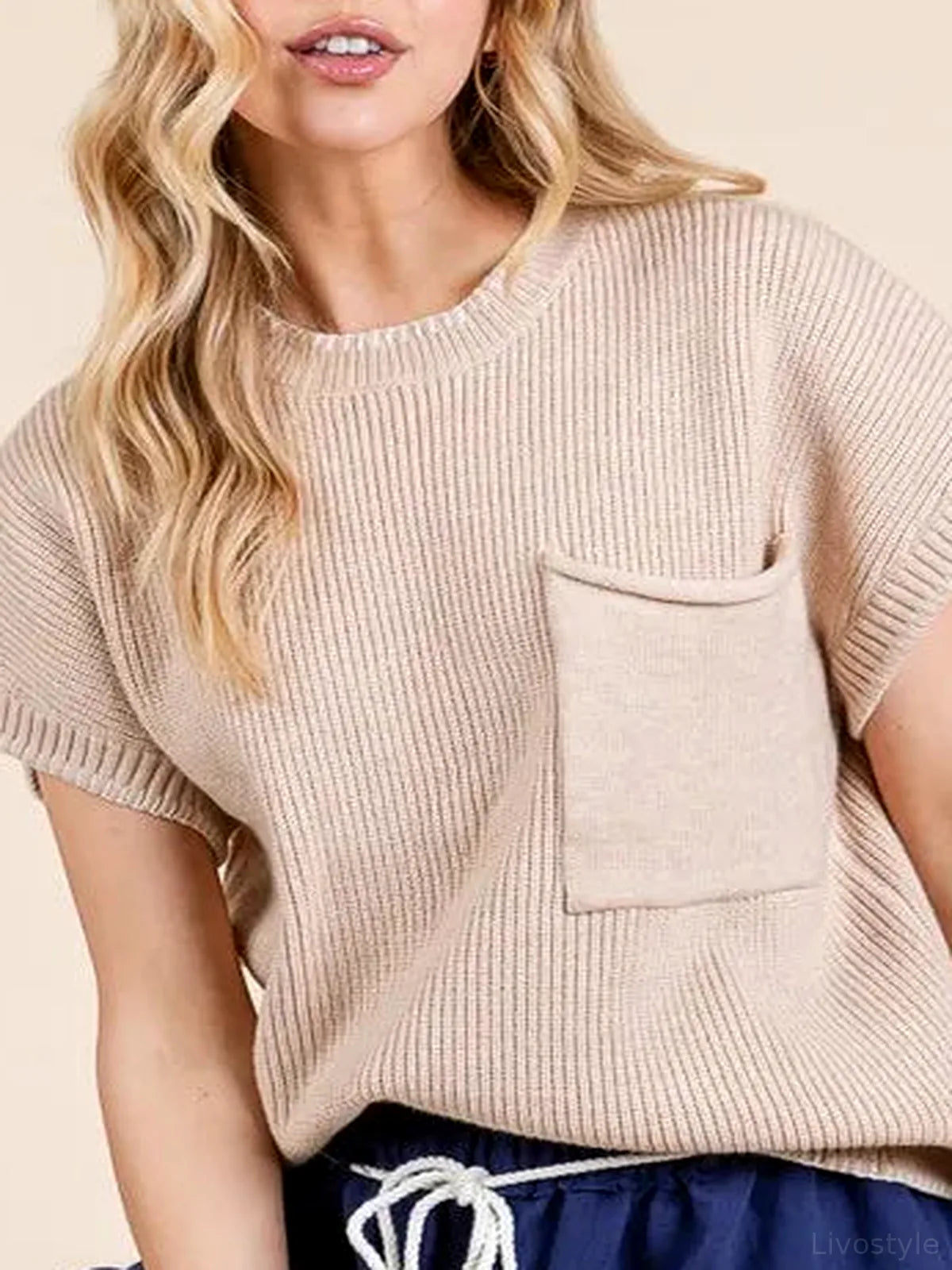 Cap Sleeve Ribbed Knit Sweater with Stitch Edge and Pocket Detail
